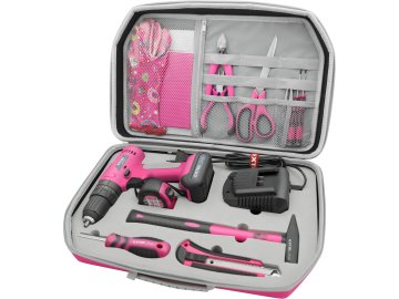 Extol Light Akumulatorska bušilica/odvijač (402403) s udarnim punjenjem, ružičasta, 12 V Li-ion, 2000 mAh, u kutiji za alat, set od 27 dijelova