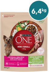 Purina ONE MINI/SMALL suha hrana za manje aktivne, prekomjerno tjelesne ili sterilizirane pse do 10 kg, bogata puretinom i rižom, 8x800g