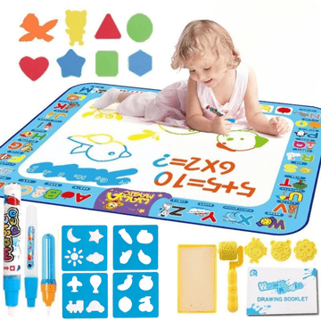 Netscroll Čarobna vodena podloga za crtanje, crtaj-briši, 100×80 cm, valjak, pečati, šablone, knjižica i flomasteri za kreativnu igru bez nereda, DoodleMat