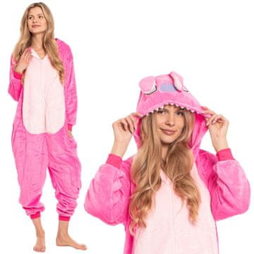 Nikcorp Ženska jednodijelna pidžama Kigurumi Stitch kostim rozi S | Onesie za odrasle za visinu 145-155 cm, mekani kombinezon