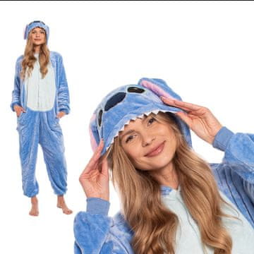 Nikcorp Ženska jednodijelna pidžama Kigurumi Onesie kostim Stitch plavi, veličina M (155-165 cm), mekana i topla za spavanje ili zabave