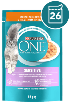 Purina ONE SENSITIVE mokra hrana za odrasle mačke, mini fileti s piletinom i mrkvom, 26 x 85 g