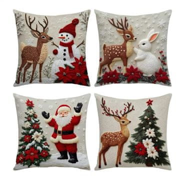 Netscroll Božićne navlake za jastuke, 45x45 cm, mekana tkanina, set od 4 komada s motivima snjegovića, soba i Djeda Božićnjaka, za blagdansko uređenje, CutePillows