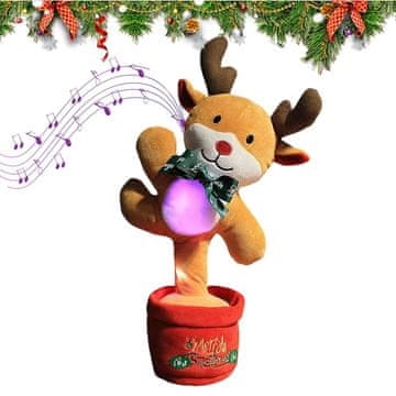 Netscroll Božićni pleteni sob koji pleše, pjeva i ponavlja riječi, interaktivna mekana plišana igračka s LED svjetlima, idealan božićni poklon za djecu, Rudolf