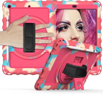 Nikcorp Robusna zaštitna maska za iPad 6/5/Pro 9.7" s rotirajućim stalkom, držačem za ruku i naramenicom, roza