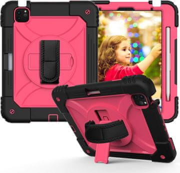 Nikcorp Robusna zaštitna maska za iPad Air 5/4 i Pro 11 s rotirajućim stalkom, držačem za ruku i naramenicom, ružičasta