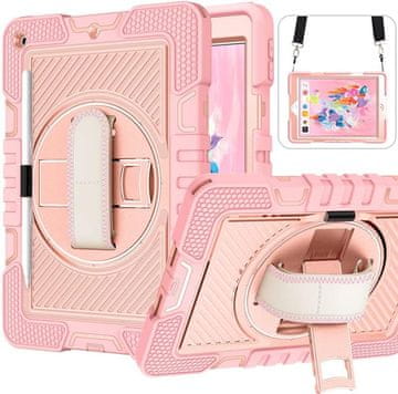 Nikcorp Robusna zaštitna maska za iPad 9/8/7 10.2" s rotirajućim stalkom, držačem za ruku i naramenicom, ružičasta