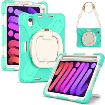 Nikcorp Robusna zaštitna maska za iPad Mini 6 8.3" s rotirajućim stalkom, držačem za ruku i naramenicom, menta zelena