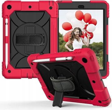 Nikcorp Zaštitna maska za iPad 9/8/7 10.2" s rotirajućim stalkom, držačem za ruku i naramenicom, crvena