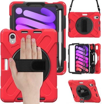 Nikcorp Zaštitna maska za iPad Mini 6 8.3" s rotirajućim stalkom i naramenicom, trostruka zaštita, crvena