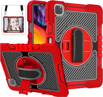 Nikcorp Robusna zaštitna maska za iPad Pro 11/Air 5/4 s rotirajućim stalkom, držačem za ruku i naramenicom, crvena