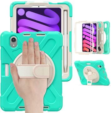 Nikcorp Robusna zaštitna maska za iPad Mini 6 8.3" s rotirajućim stalkom od 360°, držačem za olovku i ručkom, menta