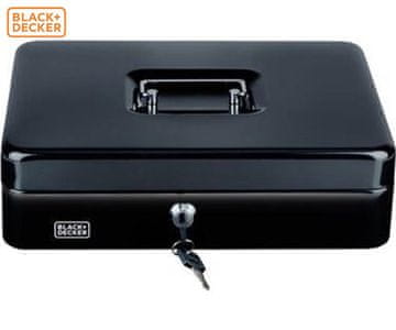 Black+Decker blagajna/sef za novac s bravom, 4 ladice, ladica za kovanice, 2 ključa, čelik, 30x24x9 cm, crna