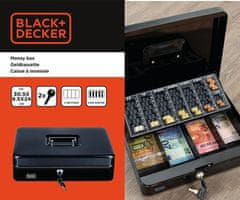 Black+Decker blagajna/sef za novac s bravom, 4 ladice, ladica za kovanice, 2 ključa, čelik, 30x24x9 cm, crna
