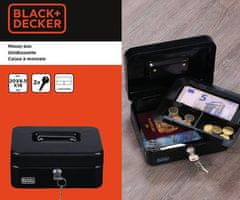 Black+Decker blagajna/sef za novac s bravom, 3 pretinca, 2 ključa, čelik, 20 x 16 x 8,5 cm, crna
