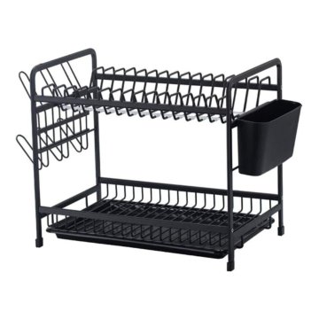 HOME & MARKER® Dvokatni ocjeđivač za posuđe s drenažnim sustavom, metalni kuhinjski stalak crne boje | EVODISH