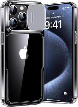 Nikcorp Maska za iPhone 15 Pro, ultra prozirna, protiv žutila, s magnetskim kliznim poklopcem za kameru, prozirna, 6,1"