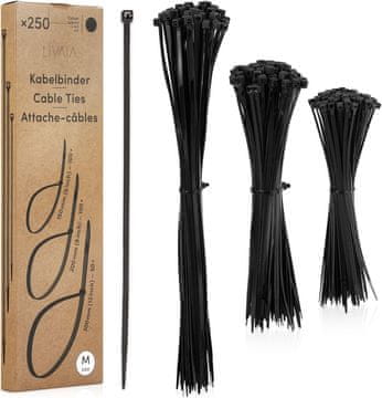 Nikcorp Vezice za kablove set 250 kom, izdržljive plastične vezice za organizaciju žica i pričvršćivanje, 3 veličine 150/200/300 mm, crne