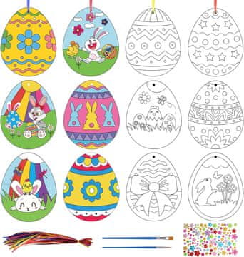 Nikcorp Set 48 papirnatih pisanica za bojanje, kreativni DIY ukrasi za Uskrs s kistovima i kristalima, 12 oblika, bijele