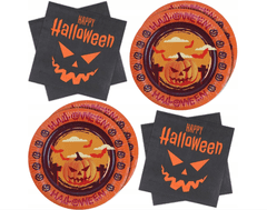 Nikcorp Set za Halloween party tanjuri i salvete za 20 osoba, papirnati pribor s motivom bundeve, narančasto-crni, 23 cm i 33x33 cm