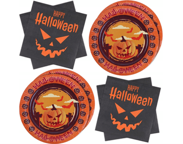 Nikcorp Set za Halloween party tanjuri i salvete za 20 osoba, papirnati pribor s motivom bundeve, narančasto-crni, 23 cm i 33x33 cm
