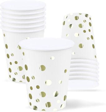 Nikcorp Papirnate čaše za zabave, ekološke i reciklabilne, za tople i hladne napitke, set 12 kom, bijele sa zlatnim točkicama, 250 ml