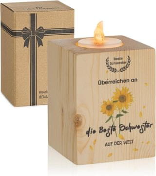 Nikcorp Drveni svijećnjak za lučice, idealan poklon za najbolju sestru, dekoracija s motivom suncokreta i natpisom, 7x7x9 cm