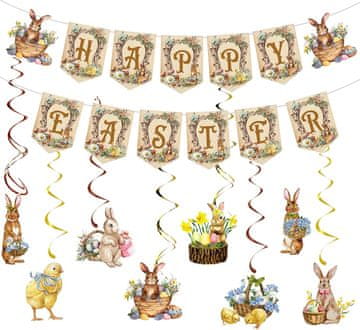 Nikcorp Uskrsne dekoracije set, viseći ukrasi za dom i vrt, baner Sretan Uskrs, zečevi i pilići, spiralne girlande, karton