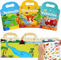 Nikcorp Knjiga s naljepnicama za djecu 3 kom, edukativna igračka za razvoj kreativnosti, višekratne naljepnice dinosauri, vozila, životinje