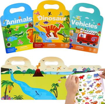 Nikcorp Knjiga s naljepnicama za djecu 3 kom, edukativna igračka za razvoj kreativnosti, višekratne naljepnice dinosauri, vozila, životinje