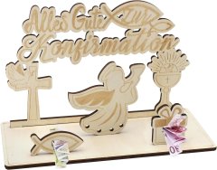 Nikcorp Drveni Anđeo Križ za Krizmu, Kreativan Poklon za Potvrdu s Utorom za Novac, Laserski Rezbareni Vjerski Motivi, 25x11x11 cm