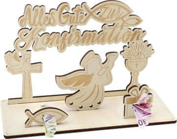 Nikcorp Drveni Anđeo Križ za Krizmu, Kreativan Poklon za Potvrdu s Utorom za Novac, Laserski Rezbareni Vjerski Motivi, 25x11x11 cm