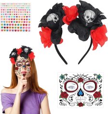 Nikcorp Traka za kosu za Halloween s tetovažama za lice, set ukrasa za kostim za Noć vještica i Dan mrtvih, za žene