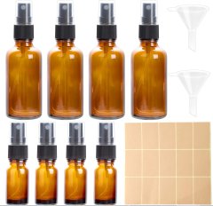 Nikcorp Set staklenih bočica s raspršivačem za putovanja, UV zaštita, 4x50ml i 4x10ml, s lijevcima i naljepnicama, jantarne