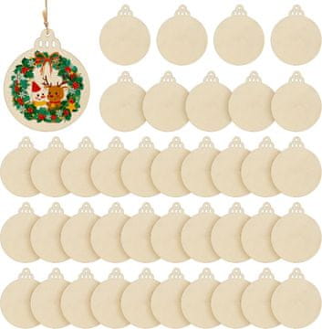 Nikcorp Drveni ukrasi za bor 40 kom, set za bojanje i ukrašavanje s jutom, prirodno drvo za personalizirane dekoracije, 9x7,6 cm