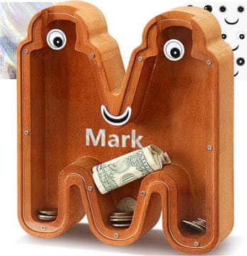 Nikcorp Drvena kasica prasica u obliku slova M, edukativna igračka za djecu za učenje štednje, s naljepnicama, smeđa, 23 cm