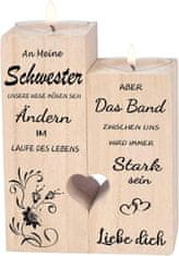 Nikcorp Drveni svijećnjak sa svijećama, idealan poklon za sestru, s ugraviranom porukom, 2 dijela, rustikalni ukras za dom, 12x10x4,5 cm