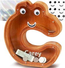 Nikcorp Drvena kasica prasica u obliku slova C, edukativna igračka za djecu za učenje štednje, prozirna s naljepnicama, smeđa 23 cm