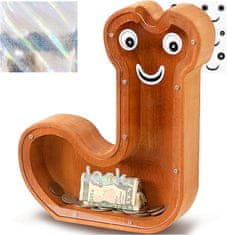 Nikcorp Drvena kasica prasica u obliku slova J za djecu, edukativna igračka za učenje štednje, prozirna akrilna, smeđa 23 cm