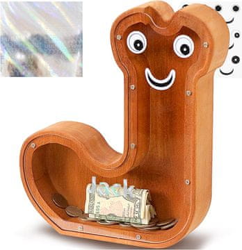 Nikcorp Drvena kasica prasica u obliku slova J za djecu, edukativna igračka za učenje štednje, prozirna akrilna, smeđa 23 cm
