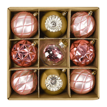 Nikcorp Kuglice za bor neraskidive, set 9 kom, ukrasne božićne dekoracije za jelku, zlatne i roze boje, promjer 8 cm