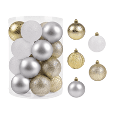 Nikcorp Kuglice za bor, nelomljive, set 20 kom, za sigurno ukrašavanje s djecom, zlatne, srebrne i bijele, 6 cm