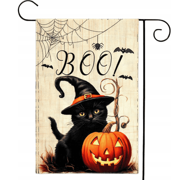 Nikcorp Ukrasna vrtna zastava za Halloween, dvostrani tisak, juta s crnom mačkom i bundevom, otporna na vremenske uvjete, 31x47 cm