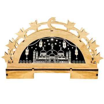 Nikcorp Drvena Ramazanska lampa s LED svjetlom, 3D zvijezde i mjesec, Eid Mubarak dekoracija za stol ili zid, toplo svjetlo bez treperenja