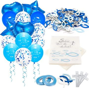 Nikcorp Set za prvu pričest - kompletne dekoracije za stol i prostor, 60 drvenih ribica, 14 balona, 40 salveta, elegantan dizajn