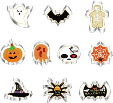 Nikcorp Kalupi za kekse Halloween set 10 kom, nehrđajući čelik, za kolače, tijesto, kruh, voće, oblici bundeva, duh, pauk, srebrni