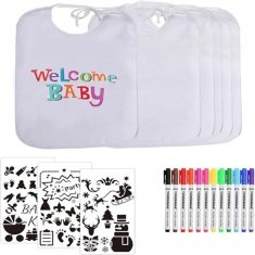 Nikcorp Set 6 pamučnih podbradaka za bojanje s 12 perivih flomastera, vodootporni, kreativna igra za djecu, 26x30 cm, bijeli