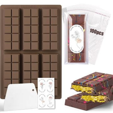 Nikcorp Silikonski kalup za čokoladu, set za izradu 6 pločica s lopaticom, vrećicama i naljepnicama, neprianjajući, smeđi