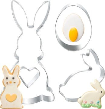 Nikcorp Veliki kalupi za uskrsne kolače od nehrđajućeg čelika, set 3 kom, za kekse i fondan, sigurni za djecu, zec, jaje, srce