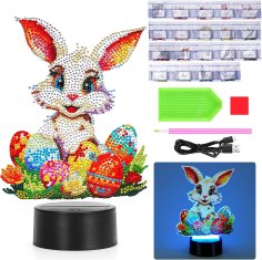 Nikcorp LED noćna lampa za slikanje dijamantima, kreativni DIY set za djecu, uskrsni zec s cvijećem, 5 boja svjetla na dodir, USB/baterije